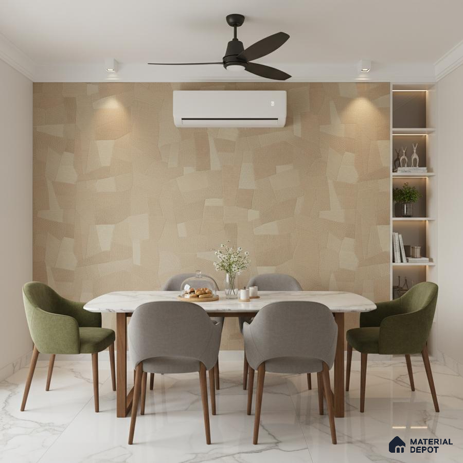 Modern dining room with beige geometric wallpaper, marble dining table, and white marble floor tiles