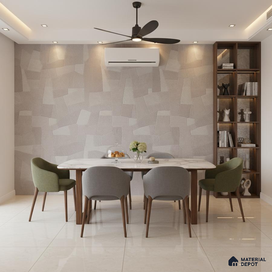 Modern dining room with geometric patterned wallpaper, marble dining table, and glossy beige floor tiles