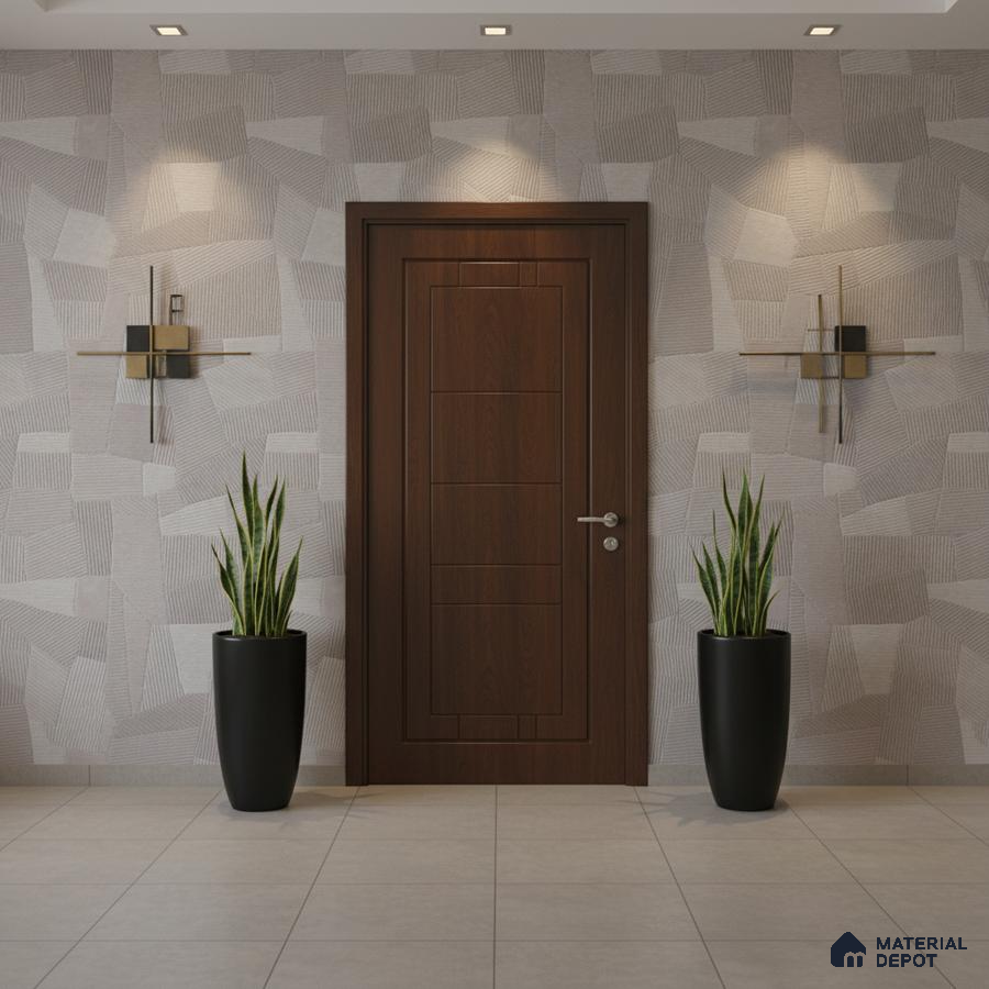 Modern foyer with geometric patterned wallpaper, walnut wood door, and large format beige floor tiles