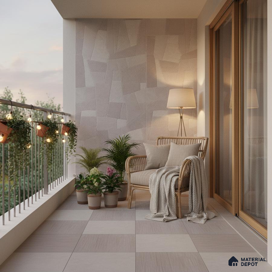 Scandinavian balcony with textured geometric wall tiles and beige patterned floor tiles