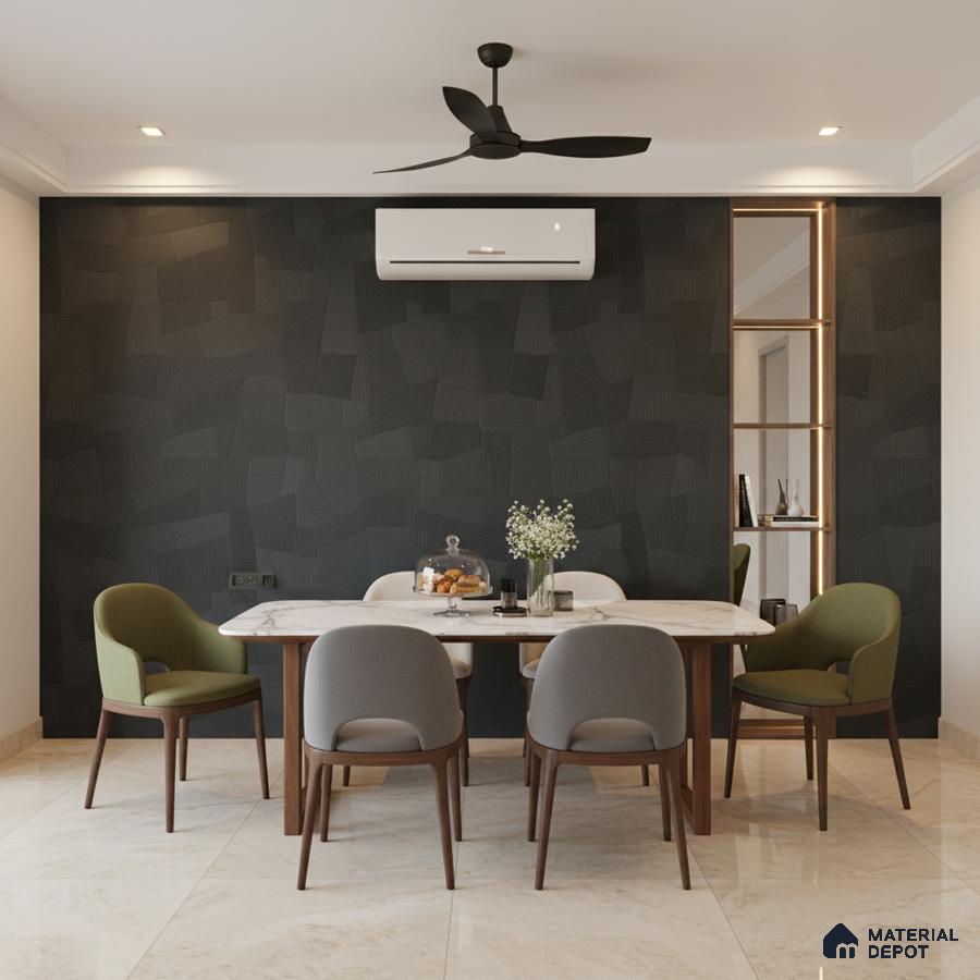 Modern dining room with black textured accent wall, marble dining table, and beige marble floor tiles