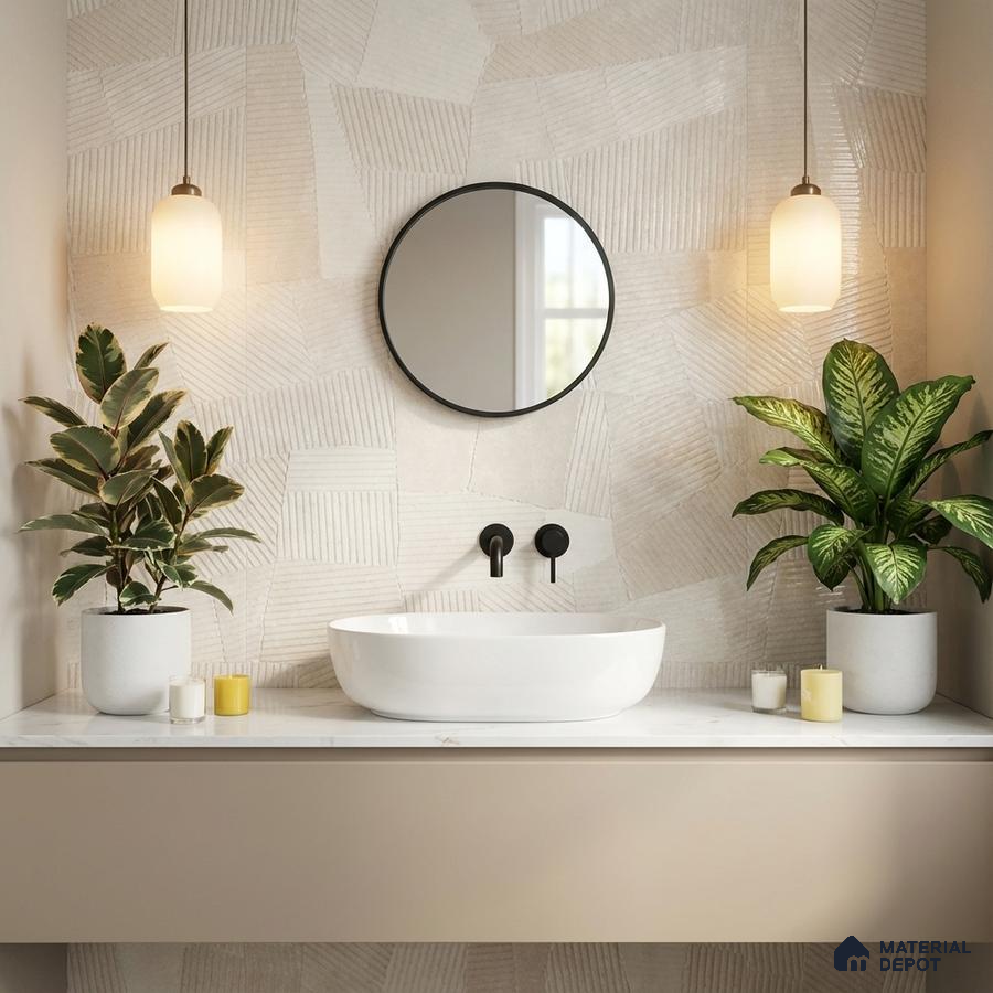 Minimalist bathroom with textured beige geometric wall tiles and white countertop basin