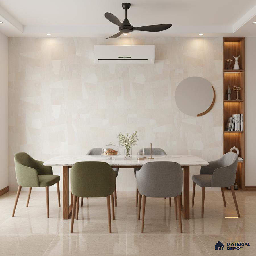 Scandinavian dining room with beige textured wallpaper, marble dining table, and glossy beige floor tiles
