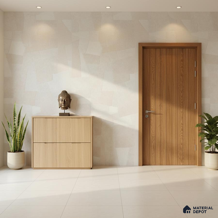 Scandinavian foyer with light oak laminate console, textured beige wallpaper, and ivory floor tiles