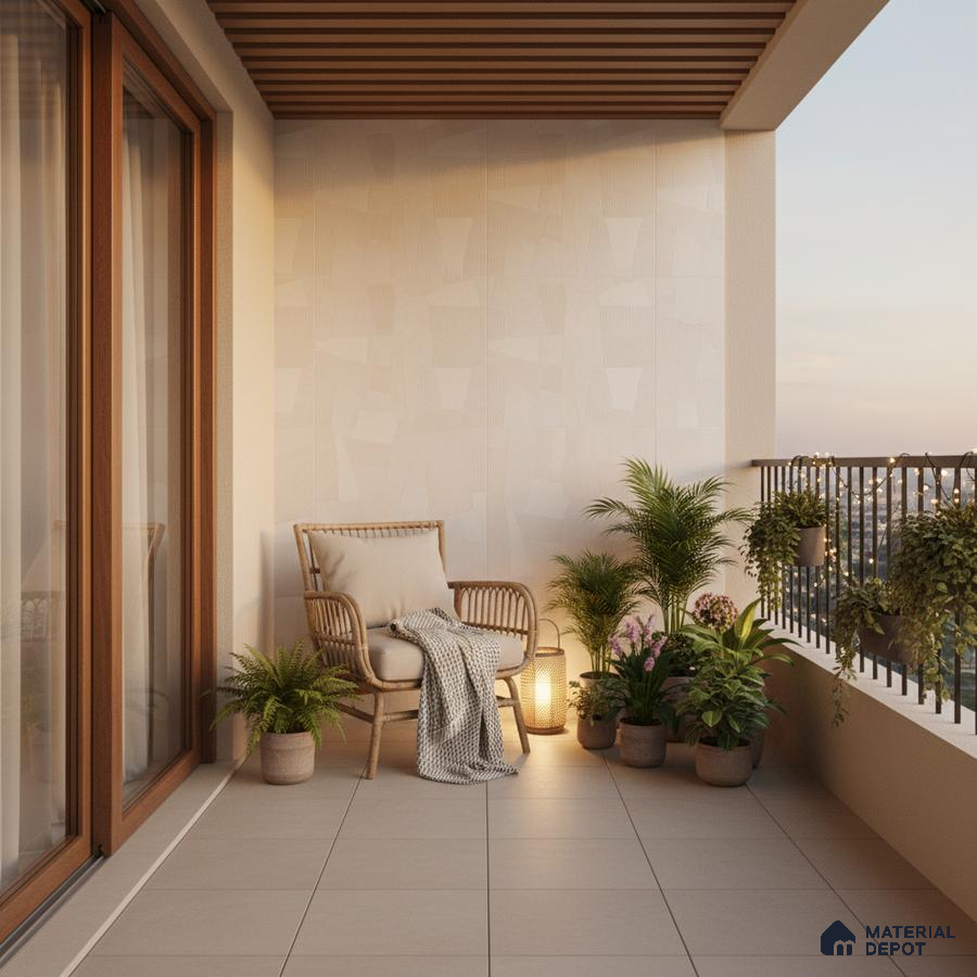 Scandinavian balcony with beige ceramic floor tiles, wooden ceiling louvers, and textured wall tiles