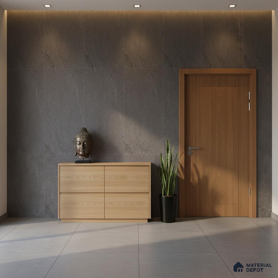 Minimalist foyer with grey stone wall tiles, light oak laminate console, and large format grey floor tiles