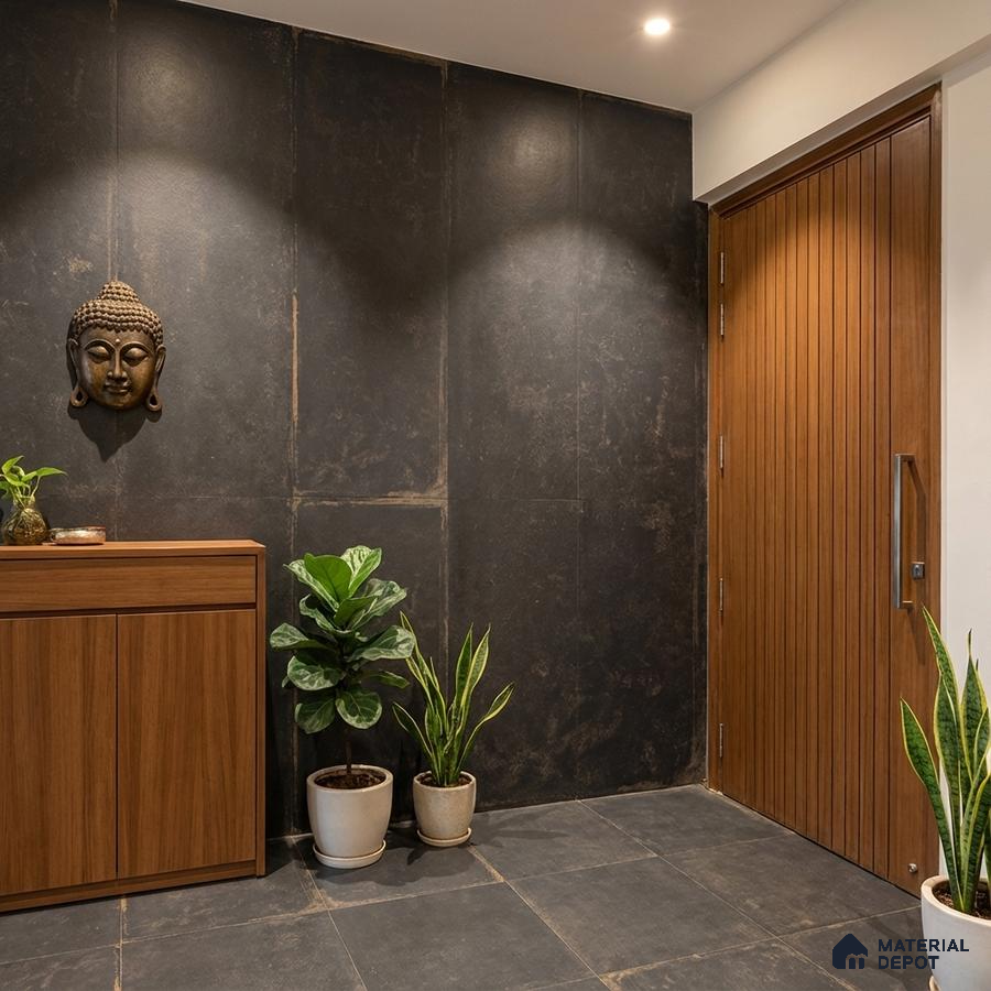 Modern foyer with walnut brown wood laminate, matte black stone wall tiles, and large format floor tiles