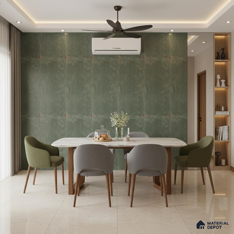 Modern dining room with green textured wall panels and marble-look dining table