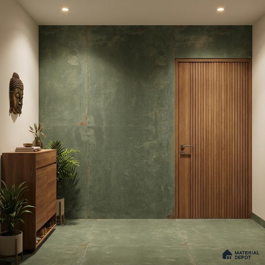 Modern foyer with sage green stone wall and floor tiles, vertical oak wood louvered door, and walnut laminate console