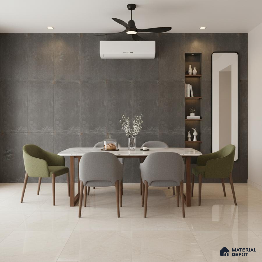 Modern dining room with grey stone wall tiles, marble dining table, and beige polished floor tiles