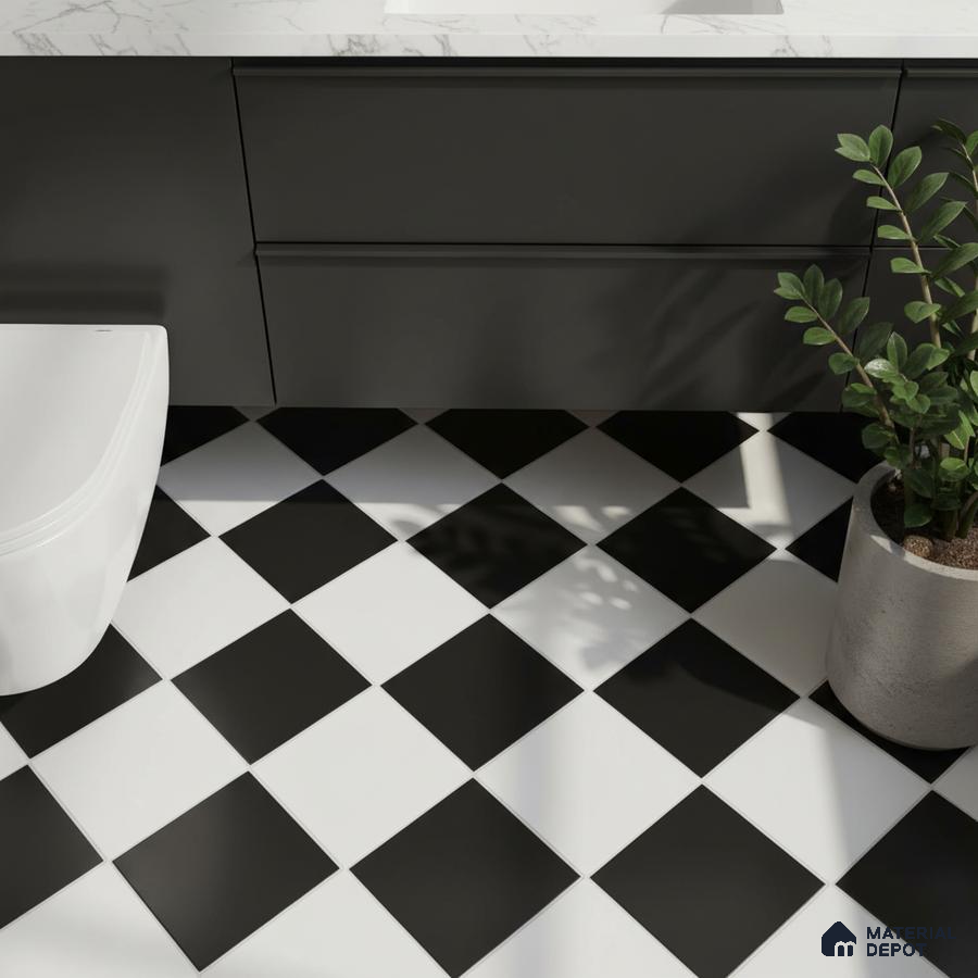 Modern bathroom with black vanity, marble countertop, and black-and-white checkerboard floor tiles