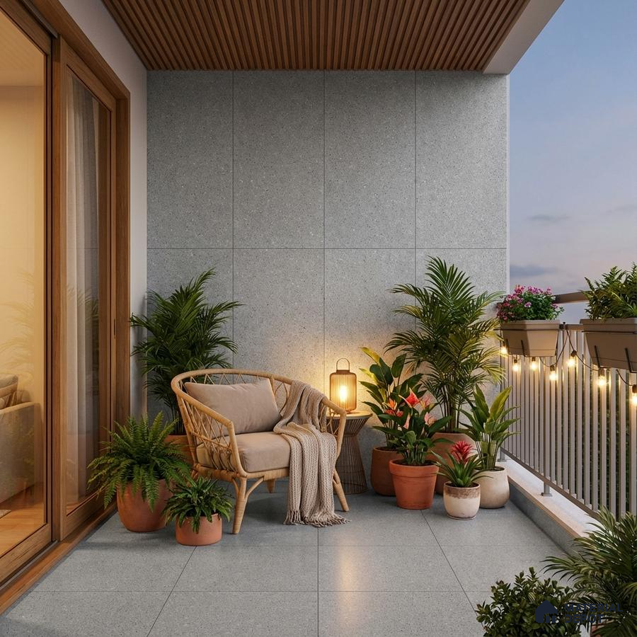 Scandinavian balcony with terrazzo floor tiles, grey wall panels, and wooden louver ceiling