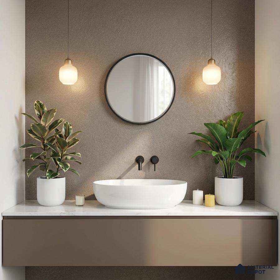 Minimalist bathroom with taupe matte vanity, white marble countertop, and textured taupe wall