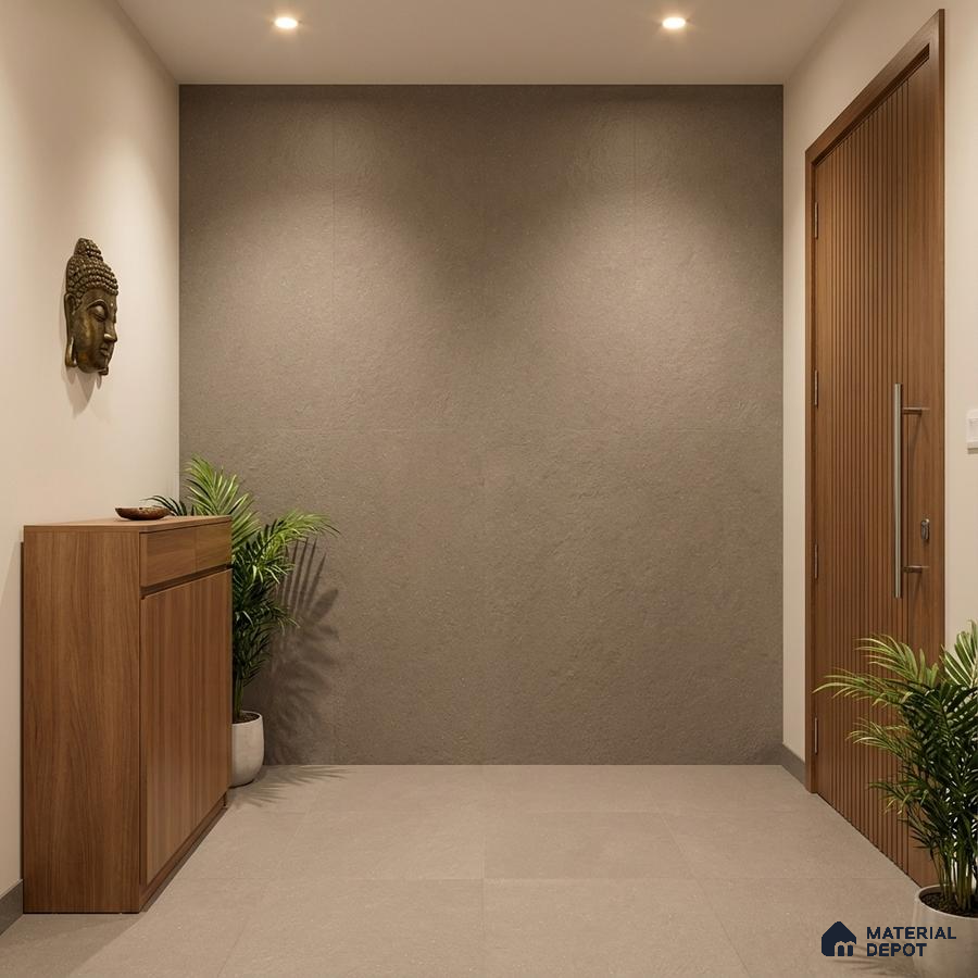 Minimalist foyer with taupe stone wall tiles, wooden laminate console, and light grey floor tiles