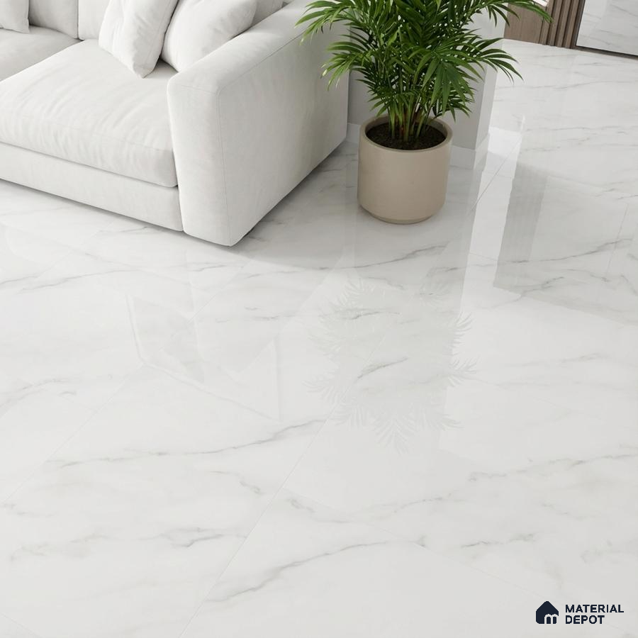 Minimalist living room with white marble-look floor tiles and neutral sofa