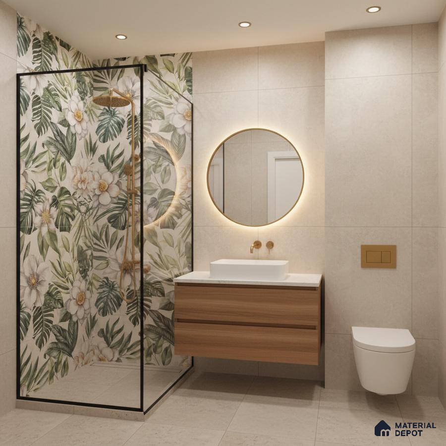 Modern bathroom with floral tropical highlighter wall tiles and light beige stone tiles