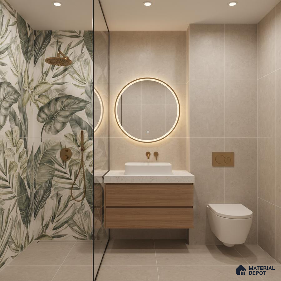 Modern bathroom with tropical leaf highlighter wall tile, beige stone wall tile, and wood vanity