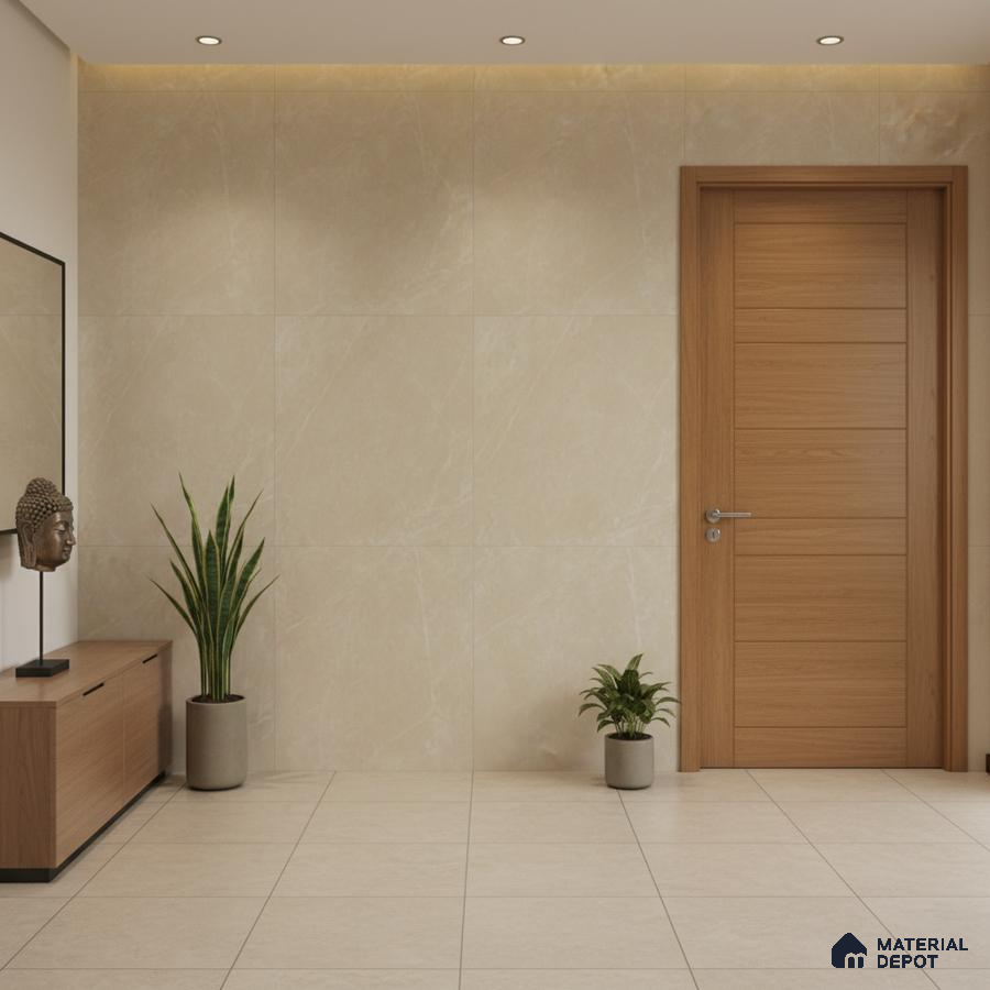 Modern foyer with beige marble-look wall tiles, light beige floor tiles, and natural wood laminate door