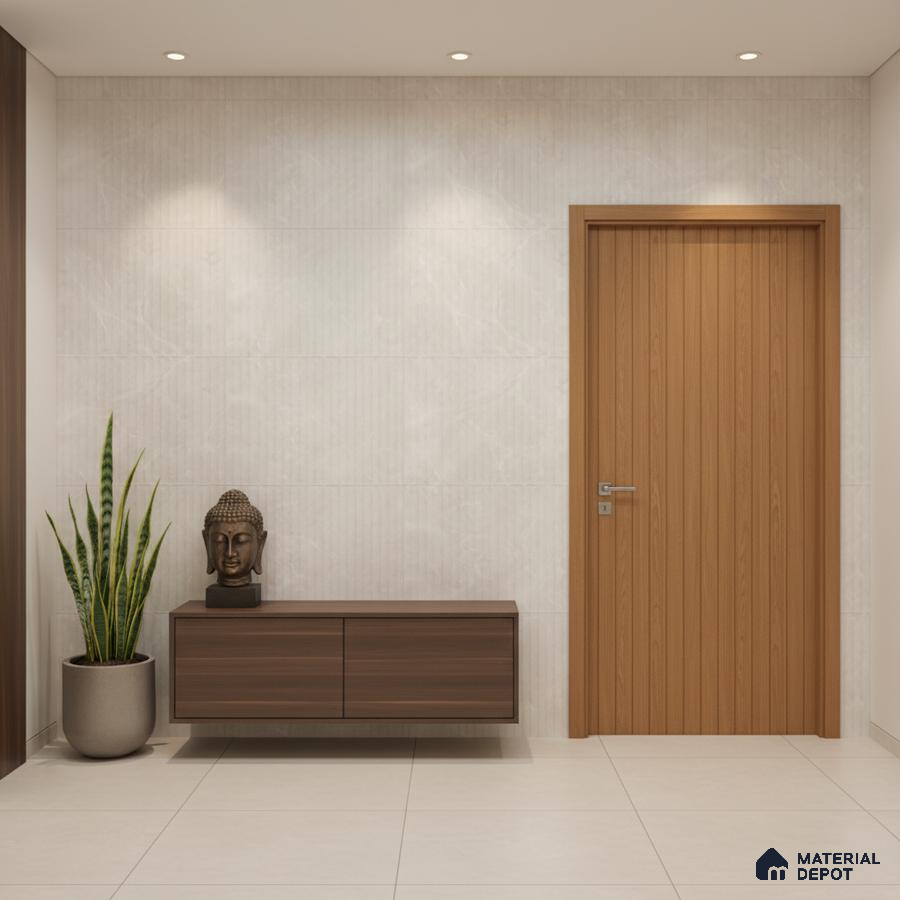 Modern foyer with walnut brown laminate console, light beige textured wall tile, and large format floor tiles