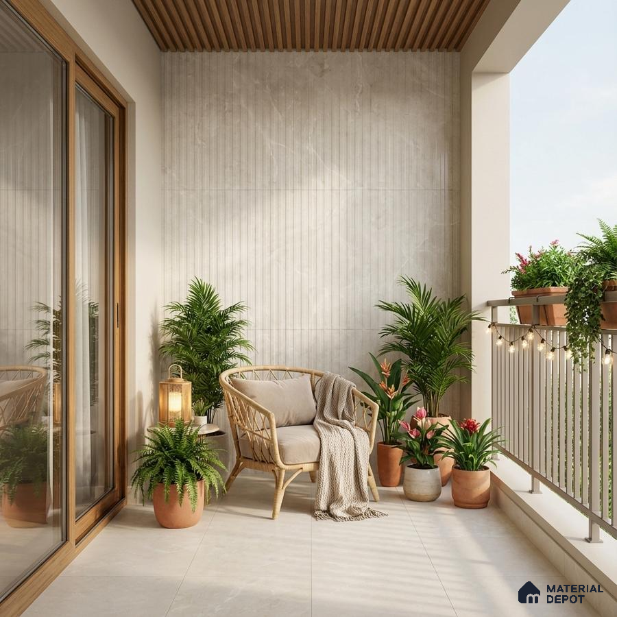 Scandinavian balcony with beige marble-look floor tiles, fluted wall tiles, and wooden ceiling louvers