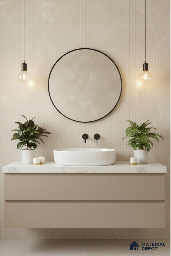 Minimalist bathroom with beige fluted wall tiles and matte beige vanity