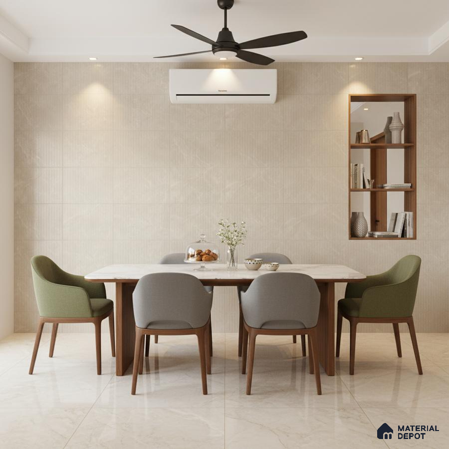Modern dining room with beige marble floor tiles and textured beige wall tiles