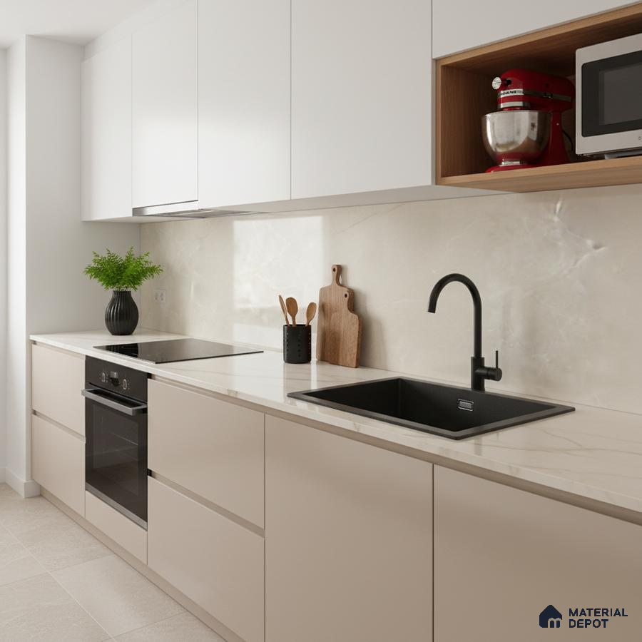 Minimalist kitchen with beige matte laminate cabinets and white marble-look backsplash