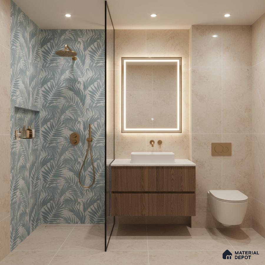 Modern bathroom with blue tropical highlighter wall tile, beige marble-look wall tile, and wood vanity