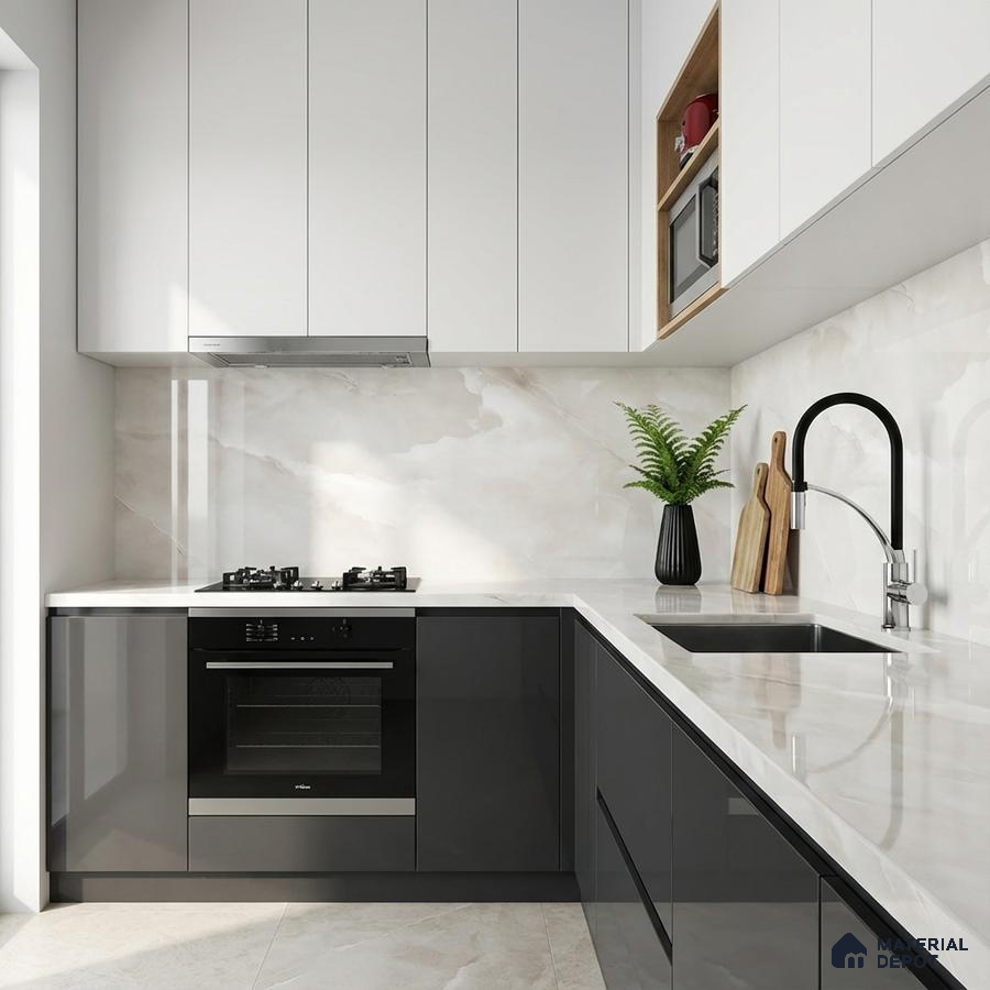 Modern kitchen with high gloss grey and white laminate, marble-look backsplash, and white quartz countertop