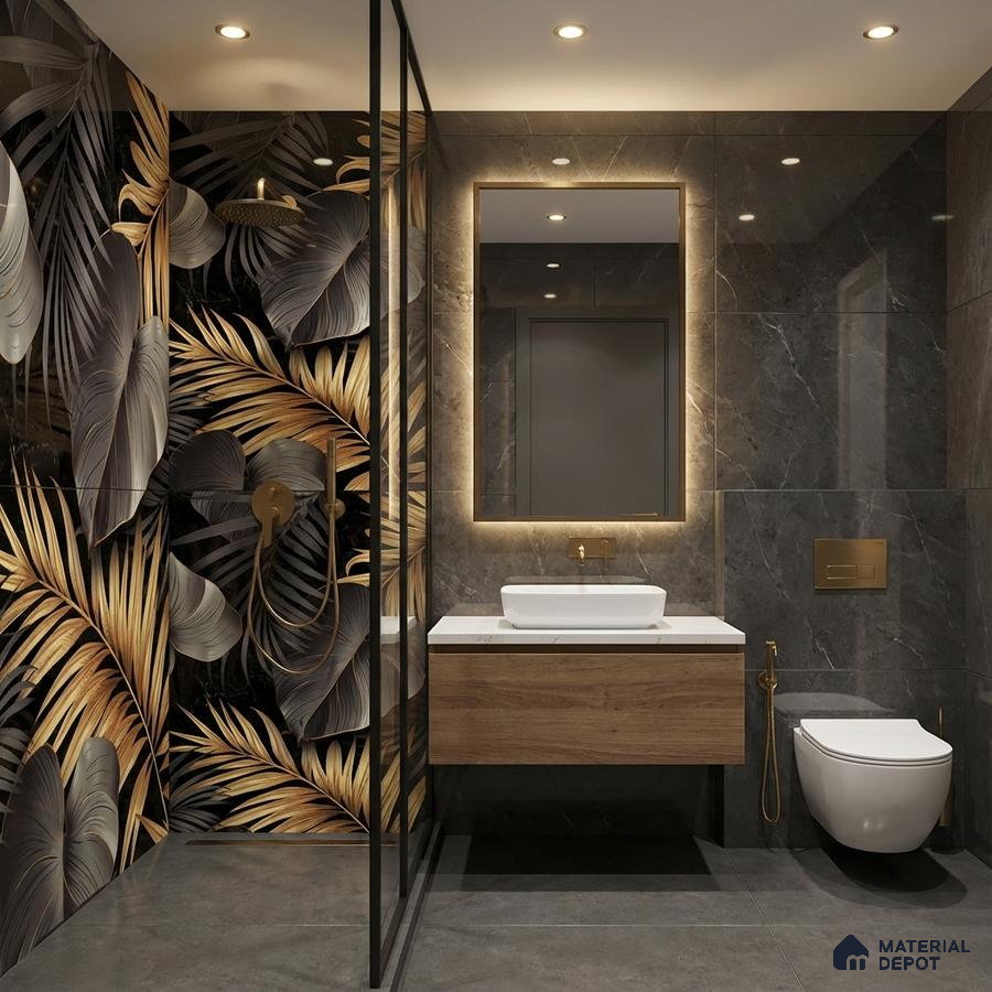 Modern bathroom with gold tropical highlighter wall tile, grey marble wall tile, and wooden vanity