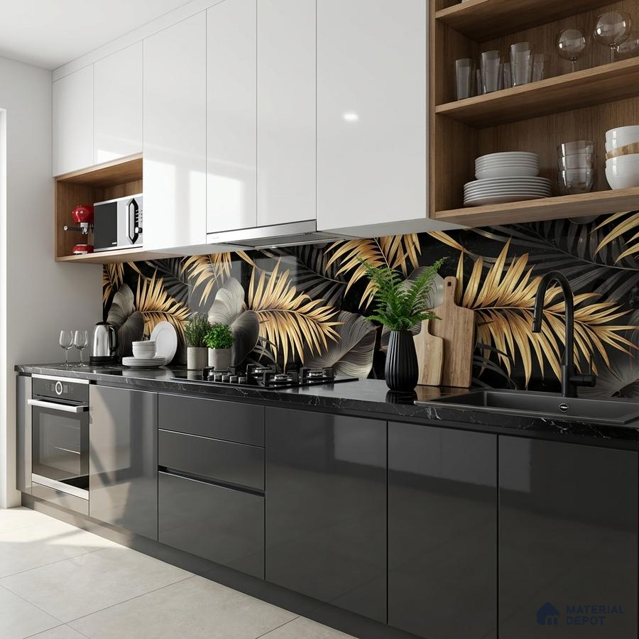 Modern kitchen with glossy grey and white laminate, black quartz countertop, and tropical highlighter backsplash tile