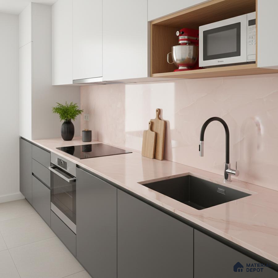 Modern kitchen with blush pink marble-look backsplash, white and grey laminate cabinets, and matte black fixtures