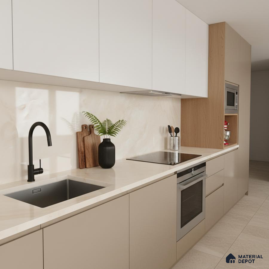 Modern kitchen with beige laminate cabinets, white marble-look backsplash, and light wood accents