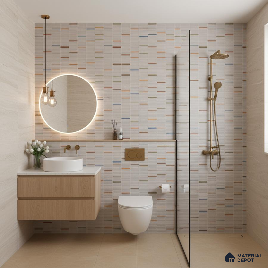 Scandinavian bathroom with multicolor linear wall tiles, beige floor tiles, and light wood floating vanity