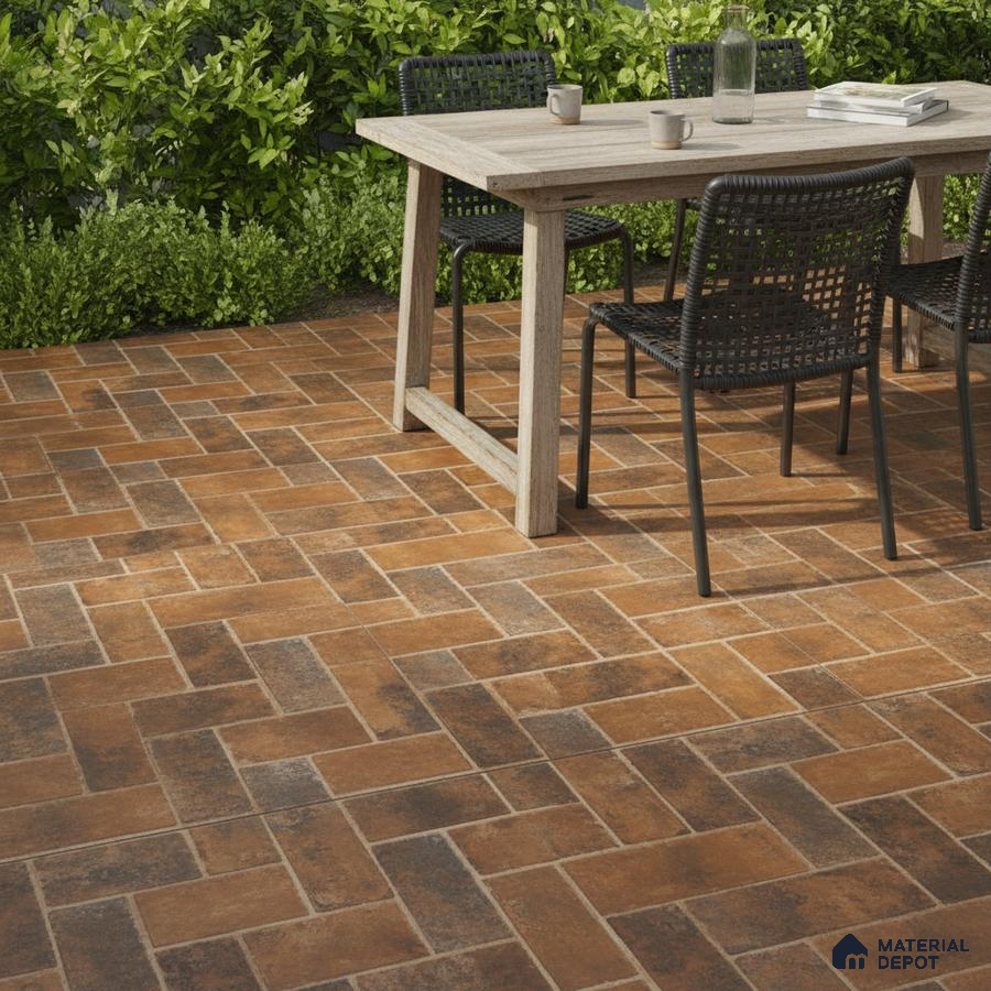Modern outdoor patio with rustic terracotta herringbone floor tiles and wooden dining table