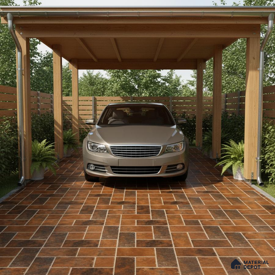 Modern parking with terracotta and brown stone-look floor tiles and wooden pergola roof