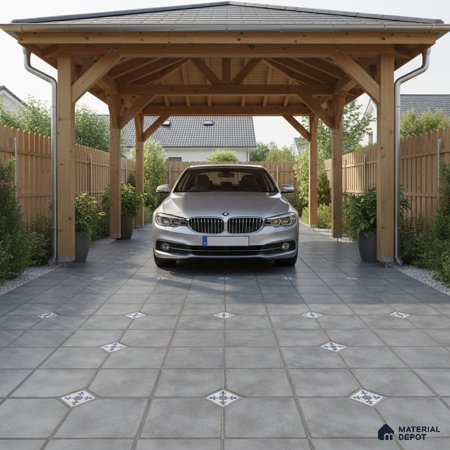 Modern parking with grey ceramic floor tiles and wooden pergola structure