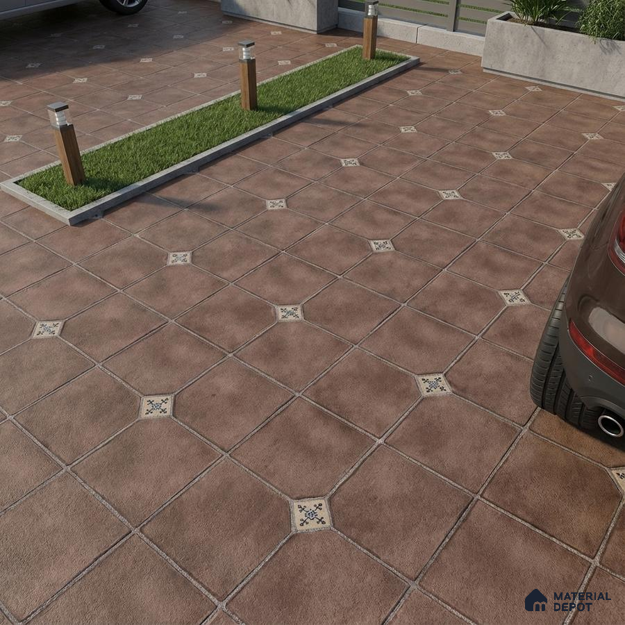 Modern parking with rustic brown patterned floor tiles and decorative inserts