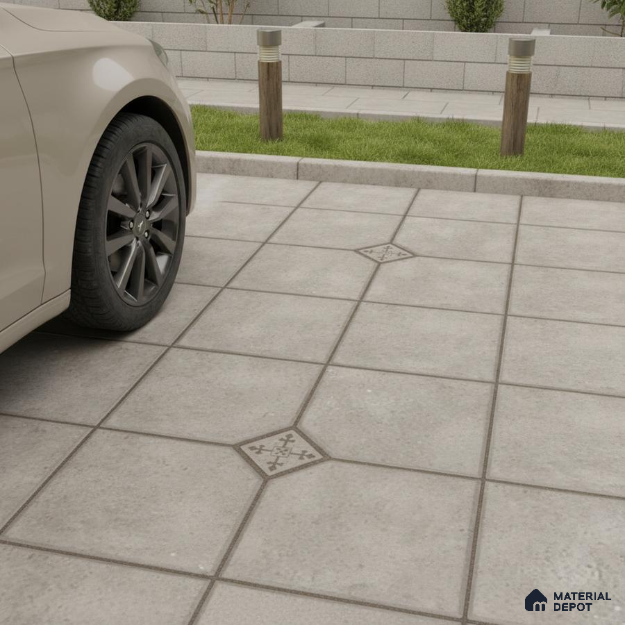 Modern parking area with grey cement look floor tiles and geometric accent inserts