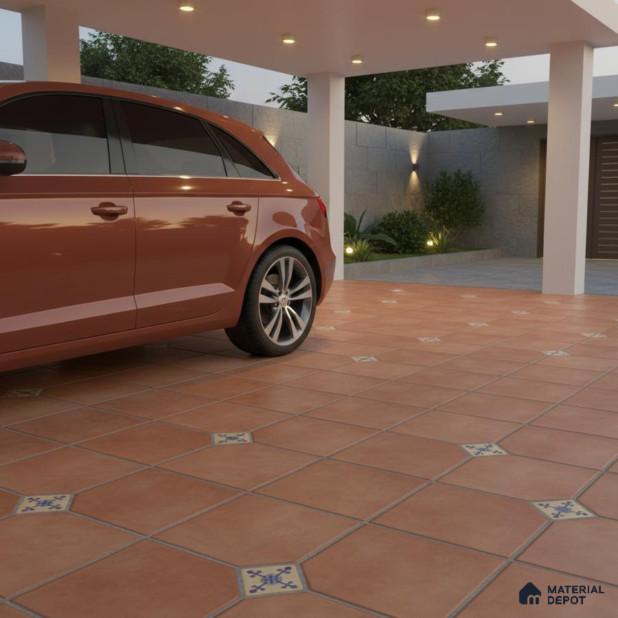 Modern parking with terracotta floor tiles and patterned accent inserts