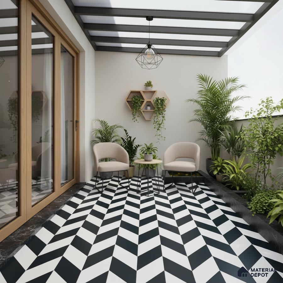 Modern balcony with black-and-white geometric floor tiles and wood frame doors