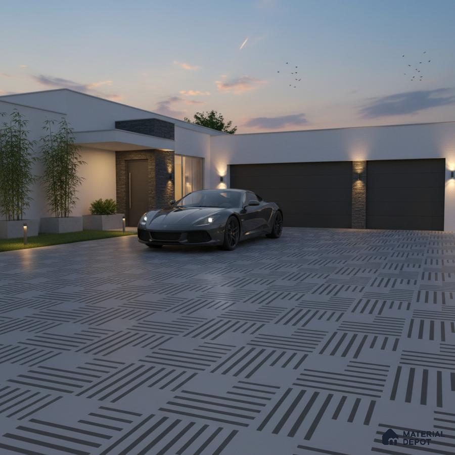 Modern parking with geometric grey floor tiles and stone cladding accents