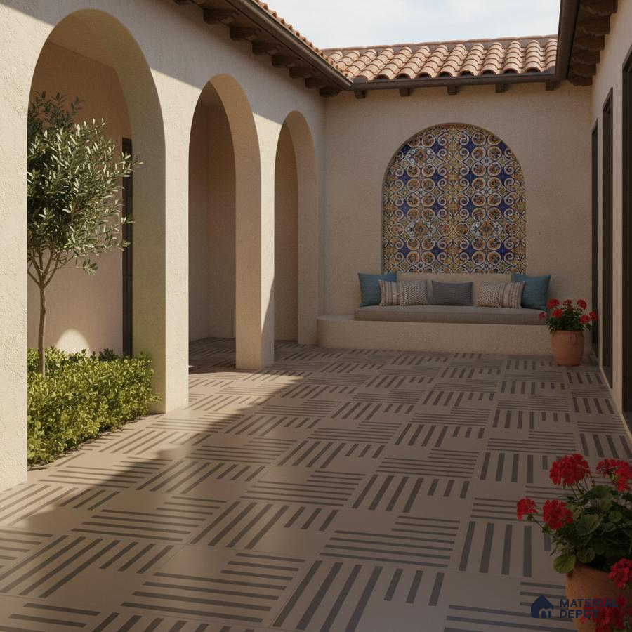 Mediterranean outdoor courtyard with patterned ceramic wall tiles and geometric beige floor tiles