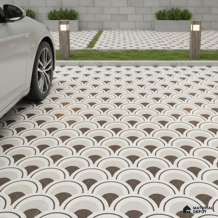 Modern parking with geometric patterned outdoor floor tiles in brown and white