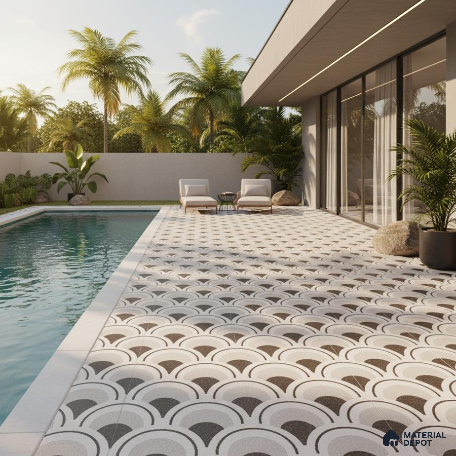 Modern outdoor poolside with geometric patterned floor tiles and minimalist landscaping