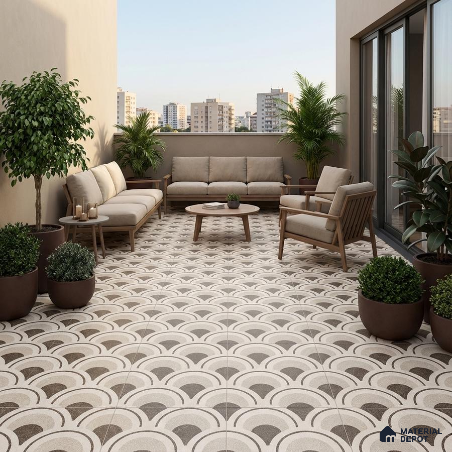 Modern balcony with geometric patterned floor tiles and beige upholstered outdoor seating