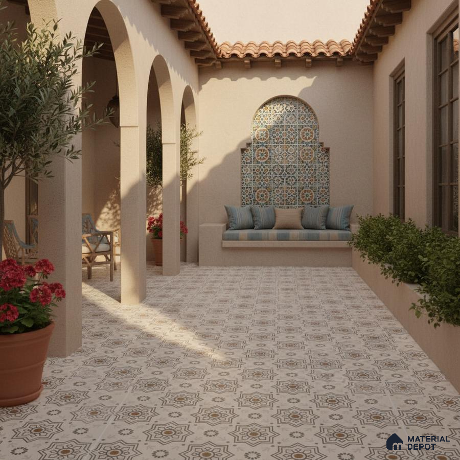 Mediterranean outdoor courtyard with patterned floor tiles and mosaic accent wall