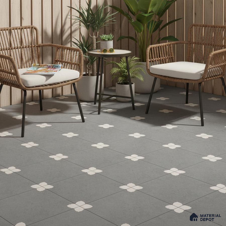Scandinavian balcony with light wood wall panels and grey floral patterned floor tiles