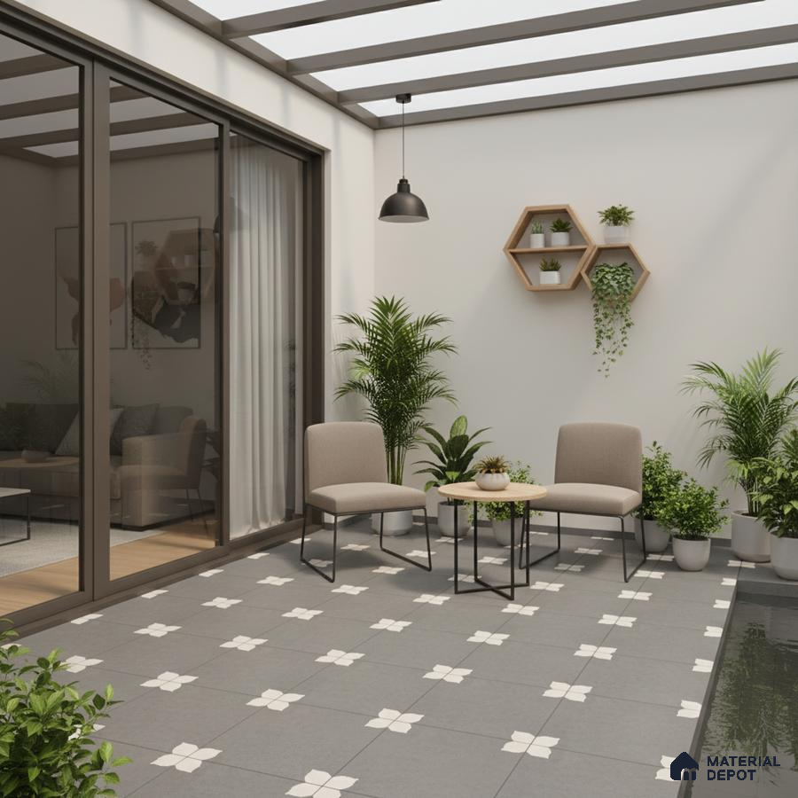 Modern balcony with grey and white geometric patterned floor tiles and minimalist outdoor seating