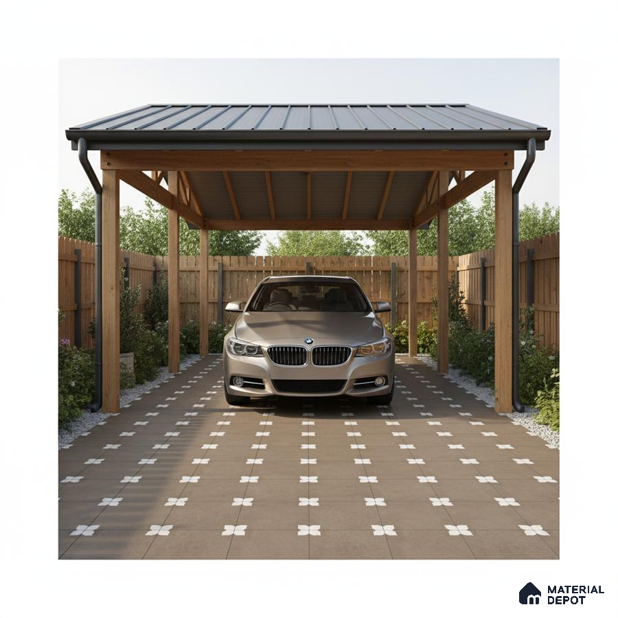 Modern parking with wooden pergola, grey metal roof, and patterned outdoor floor tiles